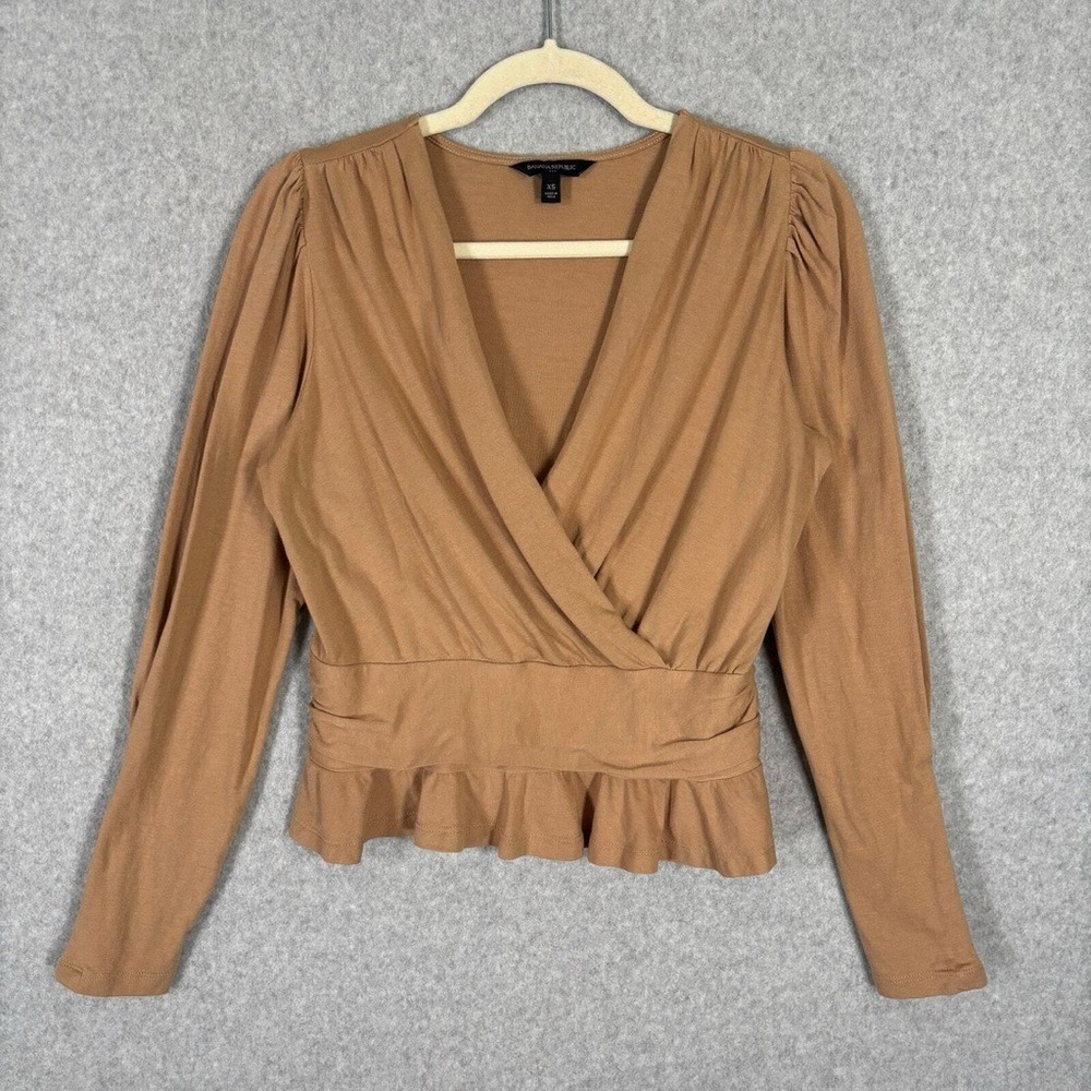 Banana Republic Womens Camel‎ Tan Surplice Peplum Puff Sleeve Top